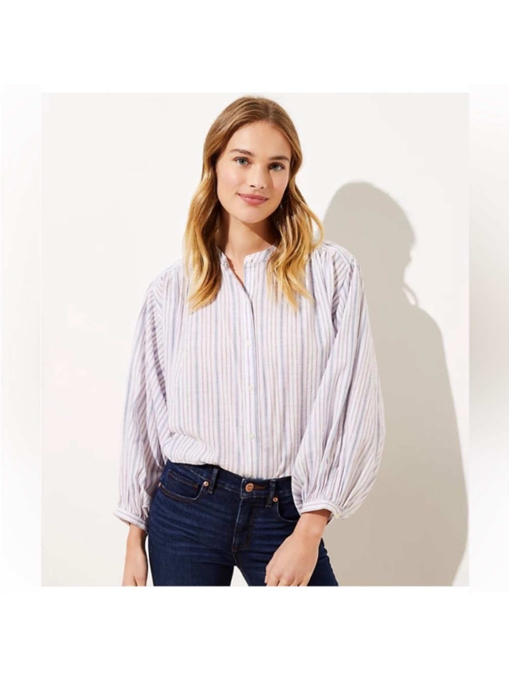 Loft Lightweight Pink & White Striped Peasant Top